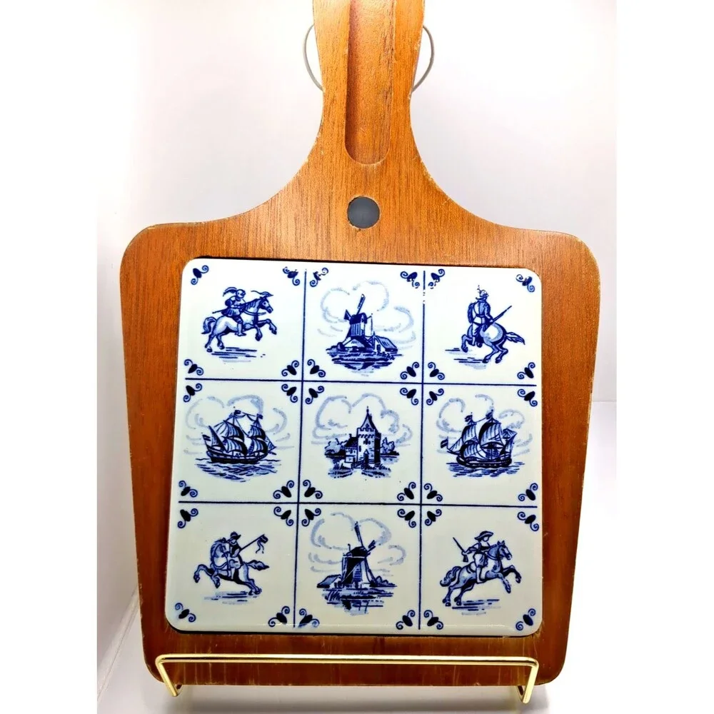VTG Wood Tile TRIVET Holland Windmill Soldiers Ships w Handle 12.5
